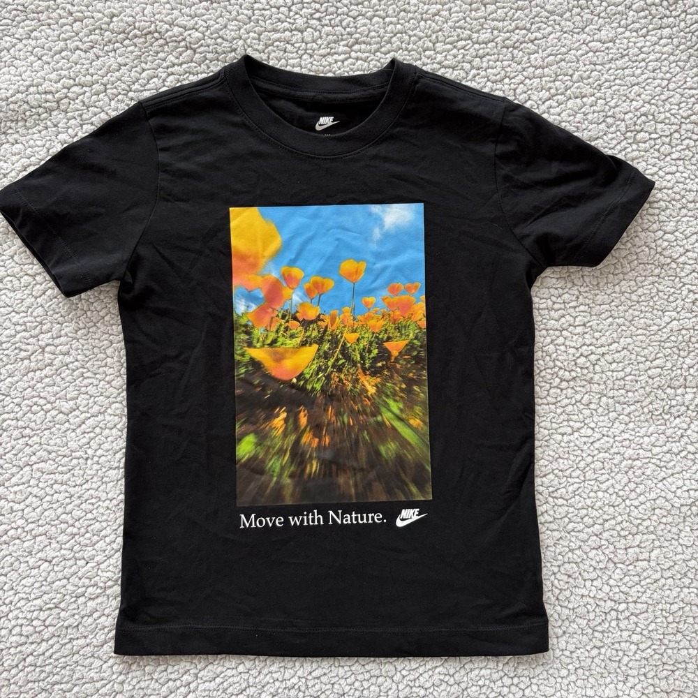 Nike Move With Nature Kids Shirt - Poppies -Black - Small-**NEW** - Picture 1 of 4